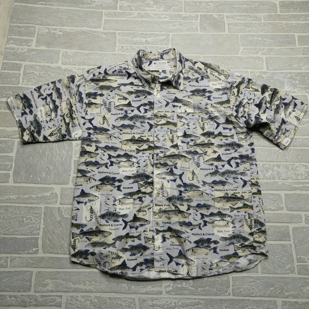 VINTAGE Columbia Camp Shirt Adult XL Fish Print‎ Trout Fishing Cotton Button Up